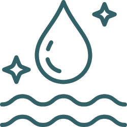 An icon of a water droplet above wavy lines with sparkling stars, symbolizing purity, freshness, and clean water.