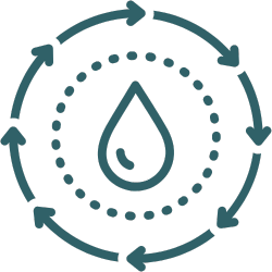 An icon of a water droplet surrounded by a dotted circle and an outer ring of arrows forming a continuous cycle, symbolizing water circulation or sustainability.